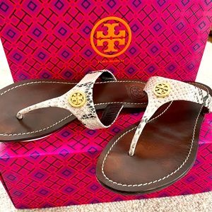 Tory Burch Cameron Leather Python Thong Sandals 8
